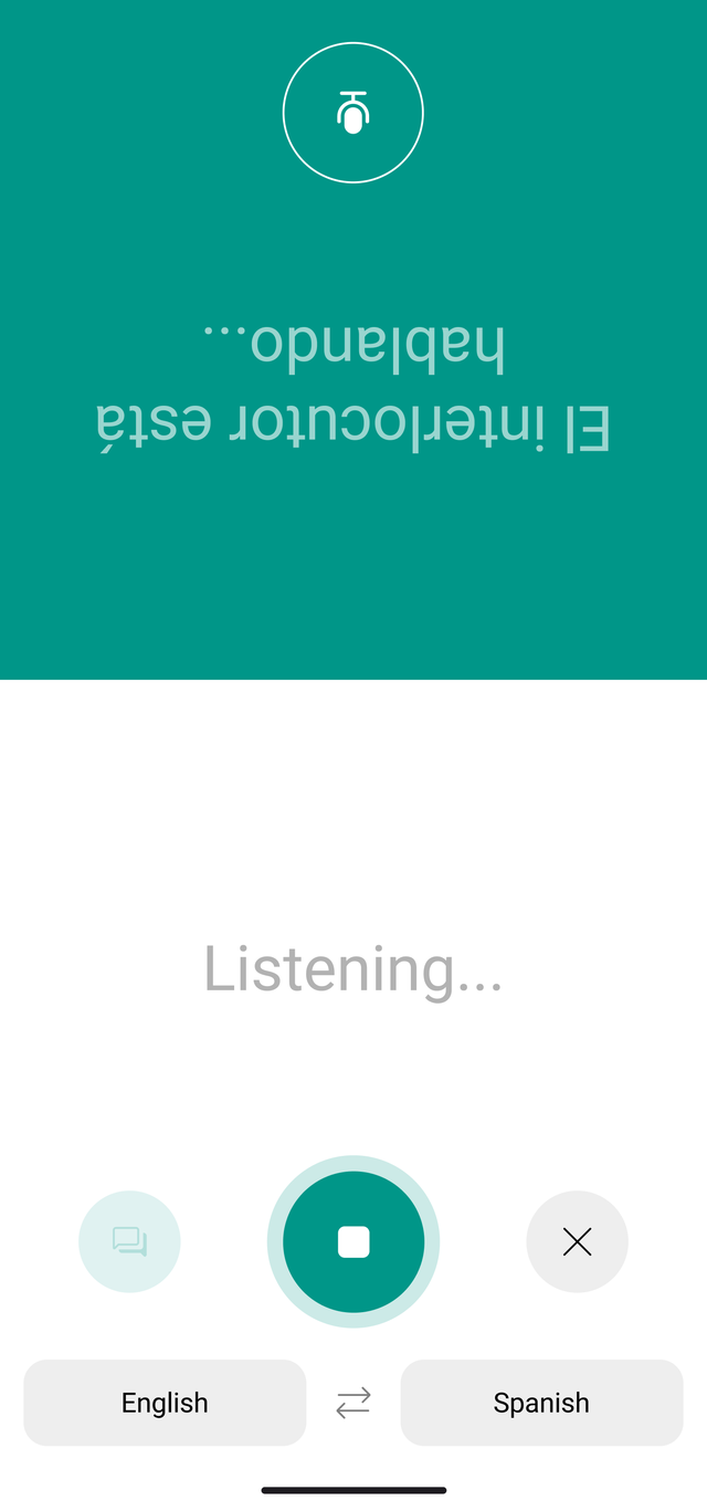 Talking Translator face-to-face speech recognition screen — “Partner is speaking…” flipped toward the other person at the top, with a listening indicator and the record button below.
