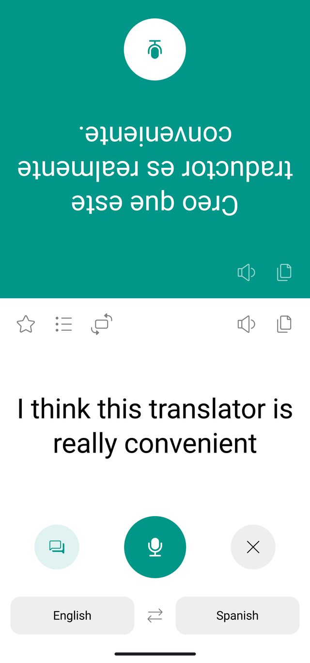 Talking Translator face-to-face view — the English translation is flipped toward the other person at the top, with the Korean original and the mic button below.