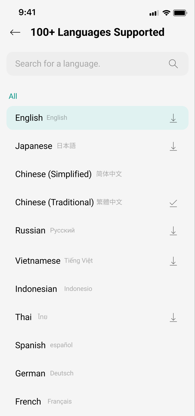 Language list screen — a download button next to each language, including English, Japanese, Chinese, and Russian.