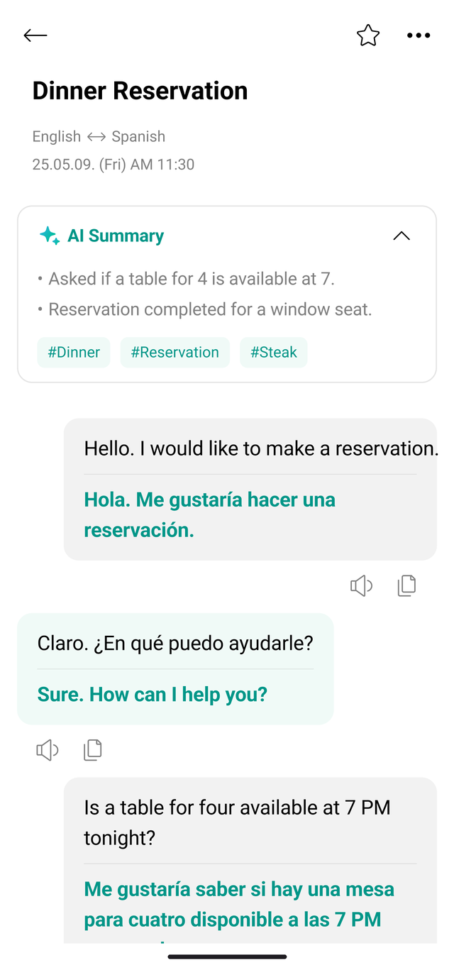 Talking Translator conversation history detail — a “Dinner reservation” title, the Korean–English language pair with the date, an AI summary card, and the exchange below it.